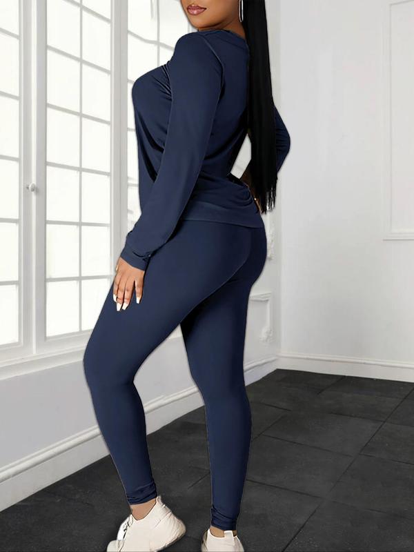 Women's Minimalist Chic Solid Long Sleeve Tee & Elastic Waist Pants Set, Lady Regular Fit Basic Casual Fitted Round Neck Longsleeves Top & Trousers for Spring & Fall, Women's Clothing for Daily Wear, Fabric Womenswear, Casual Loungewear Set