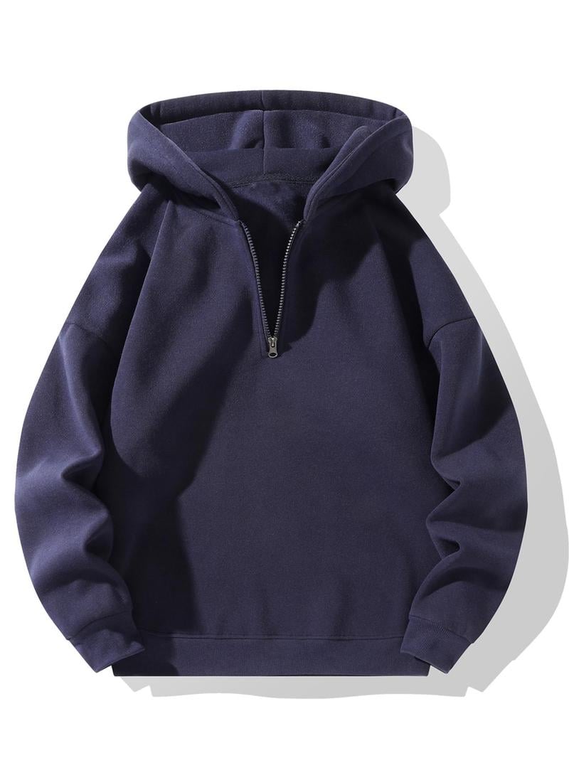 💥Unisex style💥 Regular Fit Solid Half Zip Drop Shoulder Essentials Hoodie
