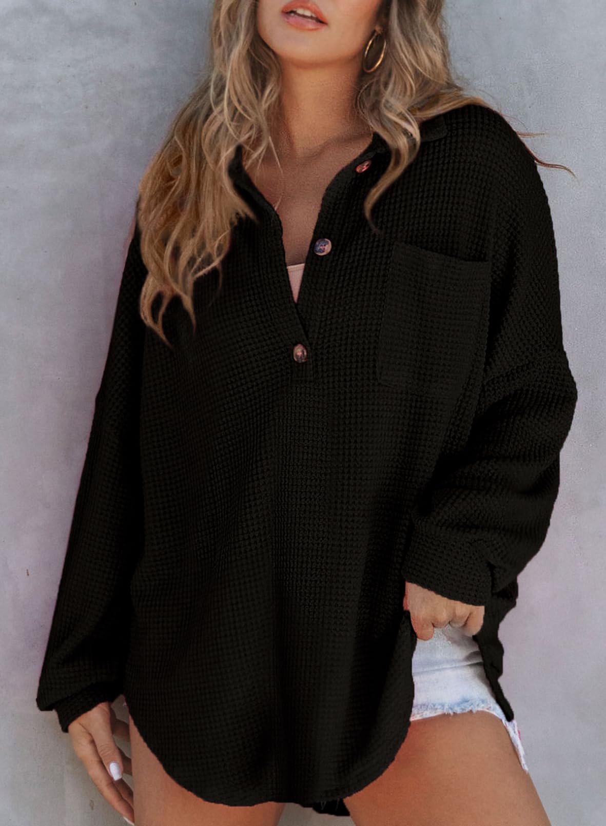 ✨Women's Waffle Knit Henley Button Shirt Jacket