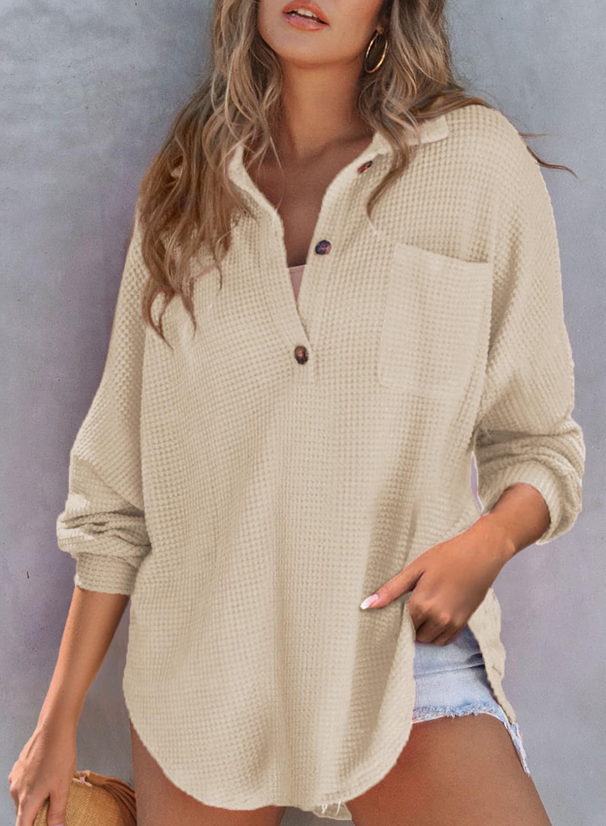 ✨Women's Waffle Knit Henley Button Shirt Jacket