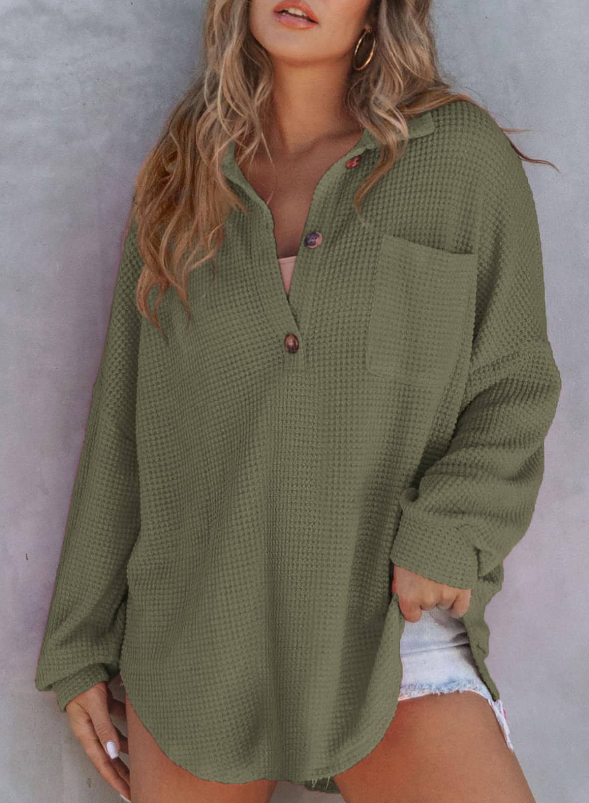 ✨Women's Waffle Knit Henley Button Shirt Jacket