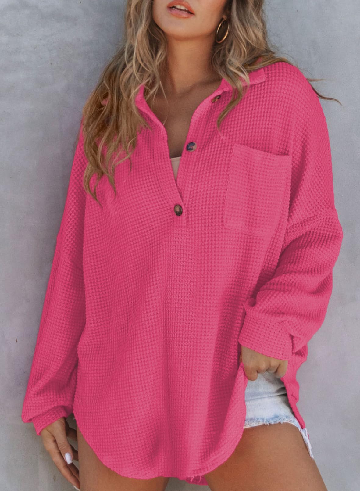 ✨Women's Waffle Knit Henley Button Shirt Jacket