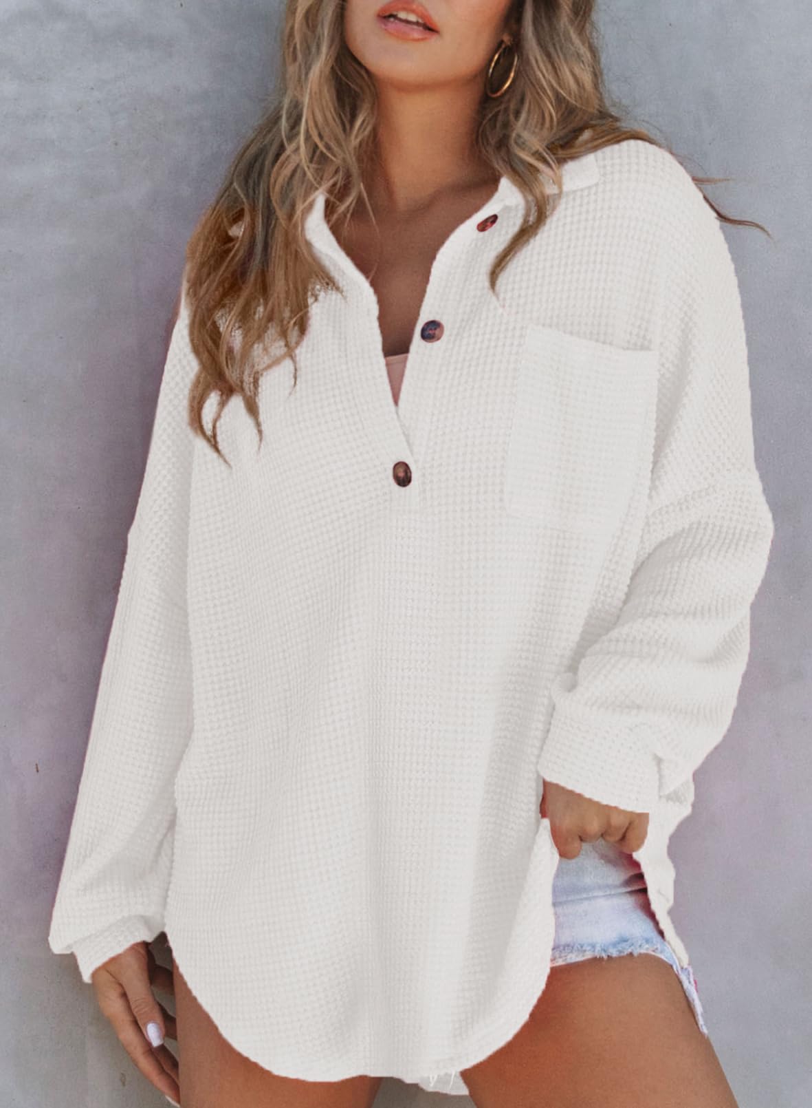 ✨Women's Waffle Knit Henley Button Shirt Jacket