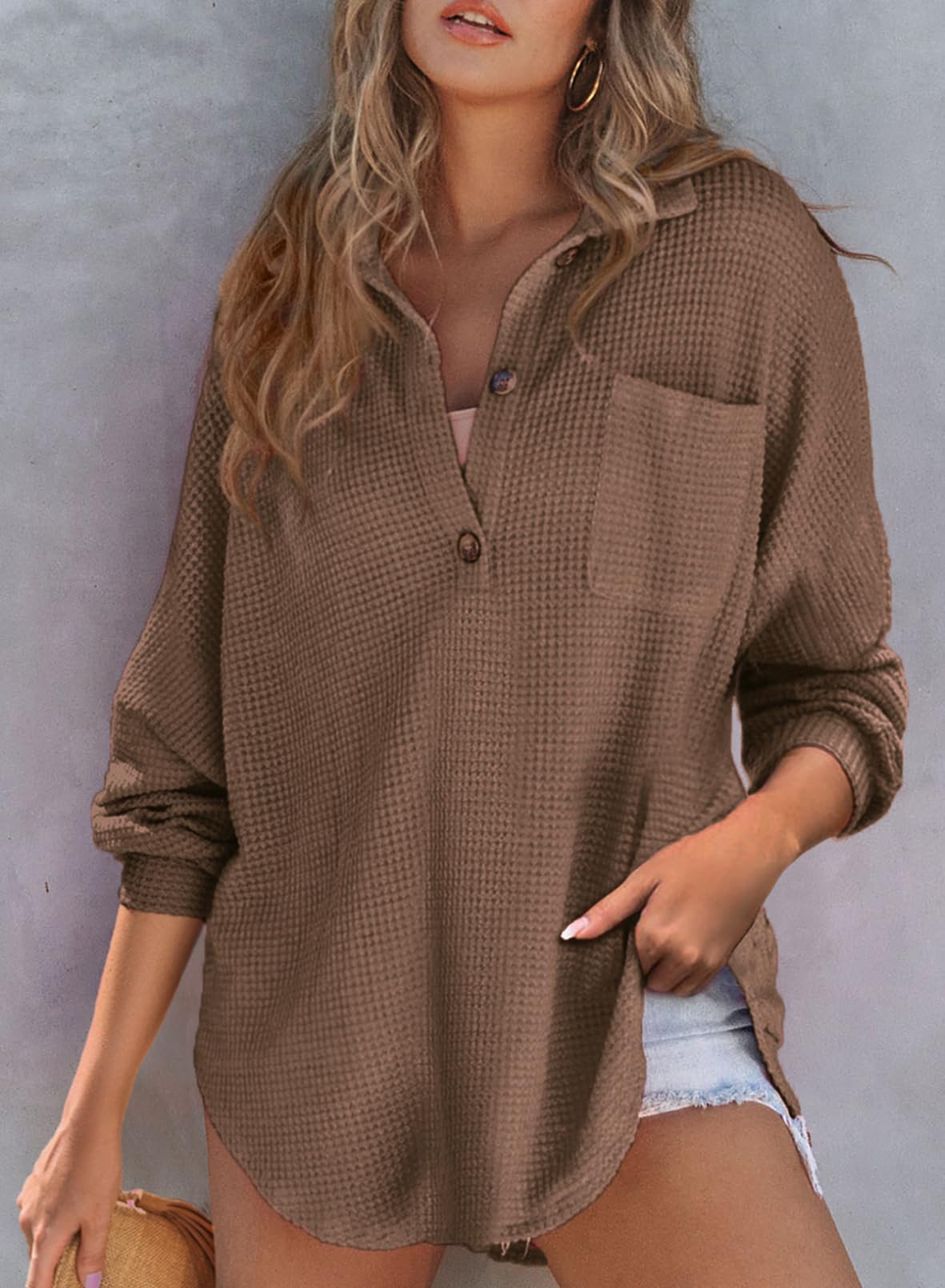 ✨Women's Waffle Knit Henley Button Shirt Jacket