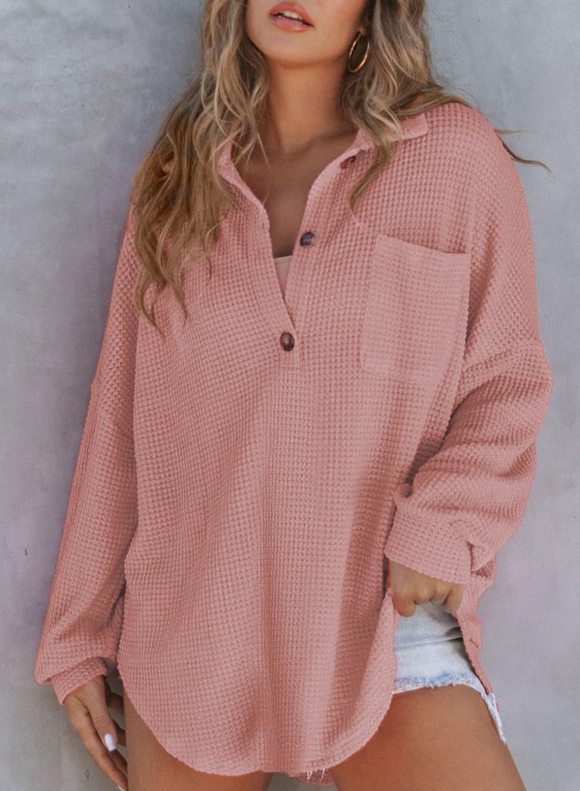 ✨Women's Waffle Knit Henley Button Shirt Jacket