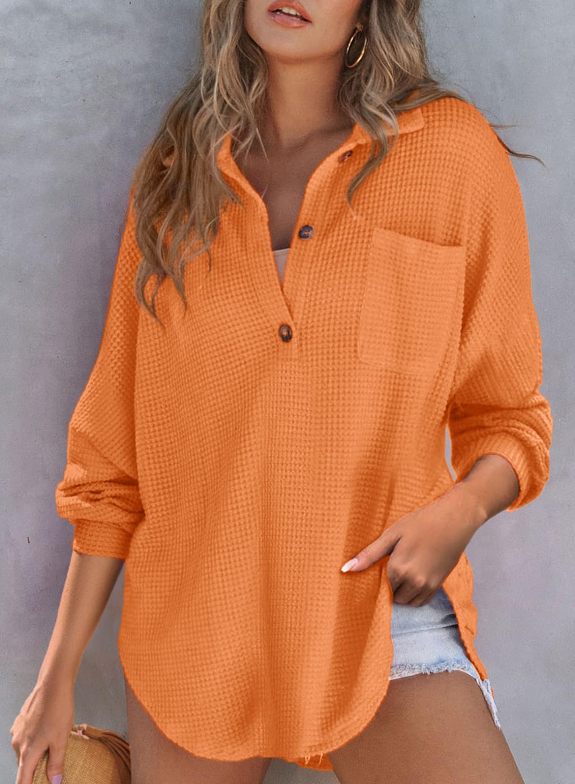 ✨Women's Waffle Knit Henley Button Shirt Jacket