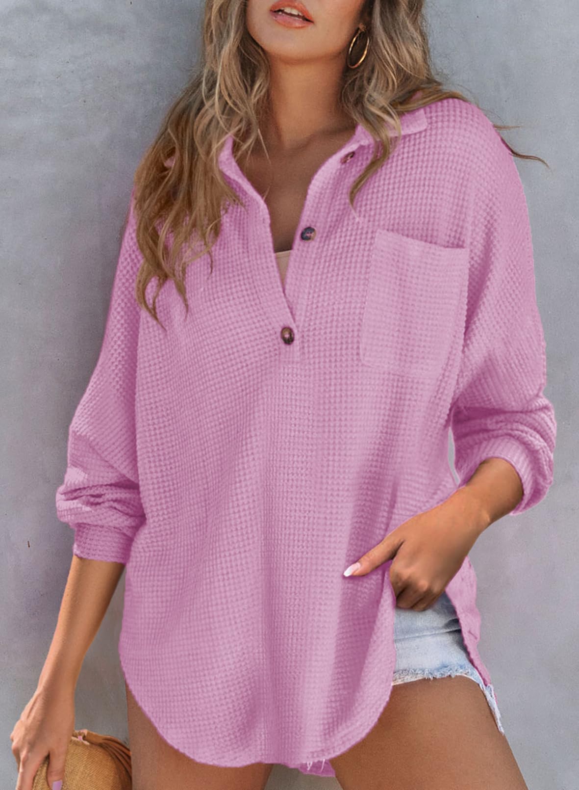 ✨Women's Waffle Knit Henley Button Shirt Jacket