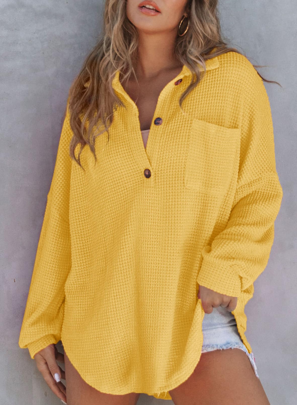 ✨Women's Waffle Knit Henley Button Shirt Jacket