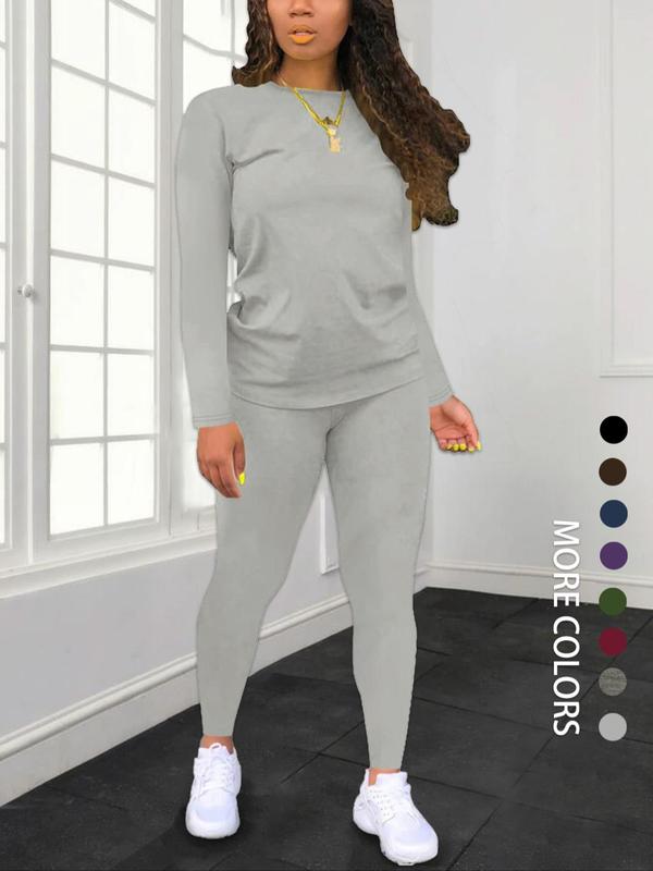 Women's Minimalist Chic Solid Long Sleeve Tee & Elastic Waist Pants Set, Lady Regular Fit Basic Casual Fitted Round Neck Longsleeves Top & Trousers for Spring & Fall, Women's Clothing for Daily Wear, Fabric Womenswear, Casual Loungewear Set