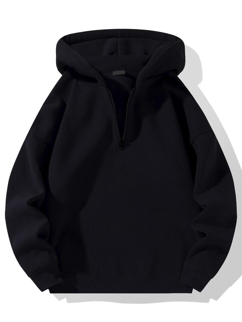 💥Unisex style💥 Regular Fit Solid Half Zip Drop Shoulder Essentials Hoodie